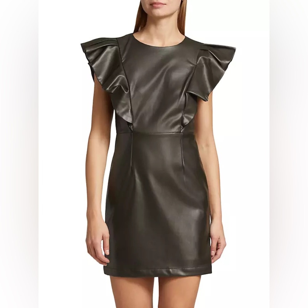 En Saison Layne Faux Leather Ruffle Mini Dress Black Cap Sleeve A-Line Olive XS